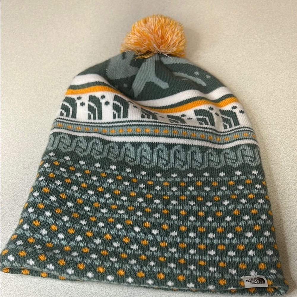 The North Face Green and Orange Knit Hat with Pom-Pom